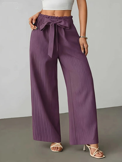 Purple Tie-Waist Wide-Leg Pants, Textured Crinkle Fabric, High-Waist Ruffle Edge Casual Trousers