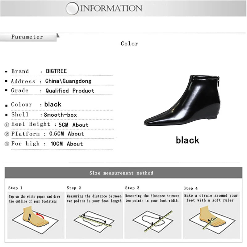 BIGTREE Shoes Patent Leather Short Boots Women Wedges Shoes Rear Zipper Short Leather Boots Low Heeled Women's Ankle Boots New