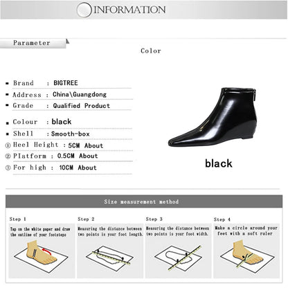 BIGTREE Shoes Patent Leather Short Boots Women Wedges Shoes Rear Zipper Short Leather Boots Low Heeled Women's Ankle Boots New