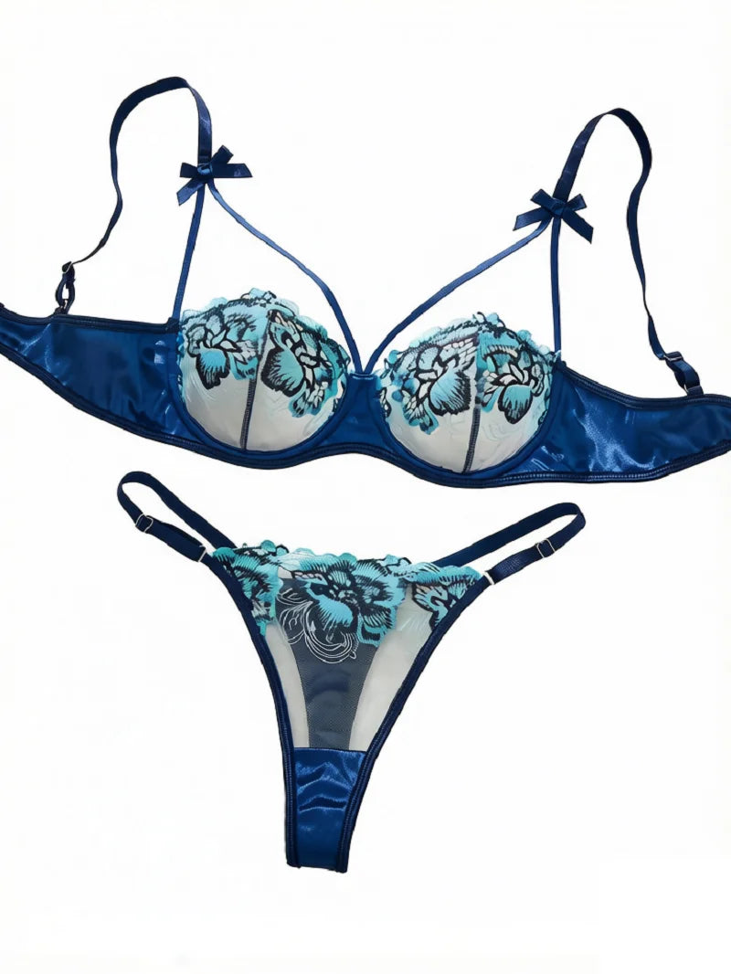 Vintage Blue Satin Lingerie Set Contrast Floral Embroidery Sheer Mesh Underwire Bra Adjustable Strap Thong Panties For Women