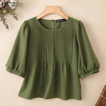ZANZEA 2026 Woman Pintuck Blouses Casual Round Neck Half Puff Sleeve Solid Color Tops Summer Daily Commute Work Blusas Mujer