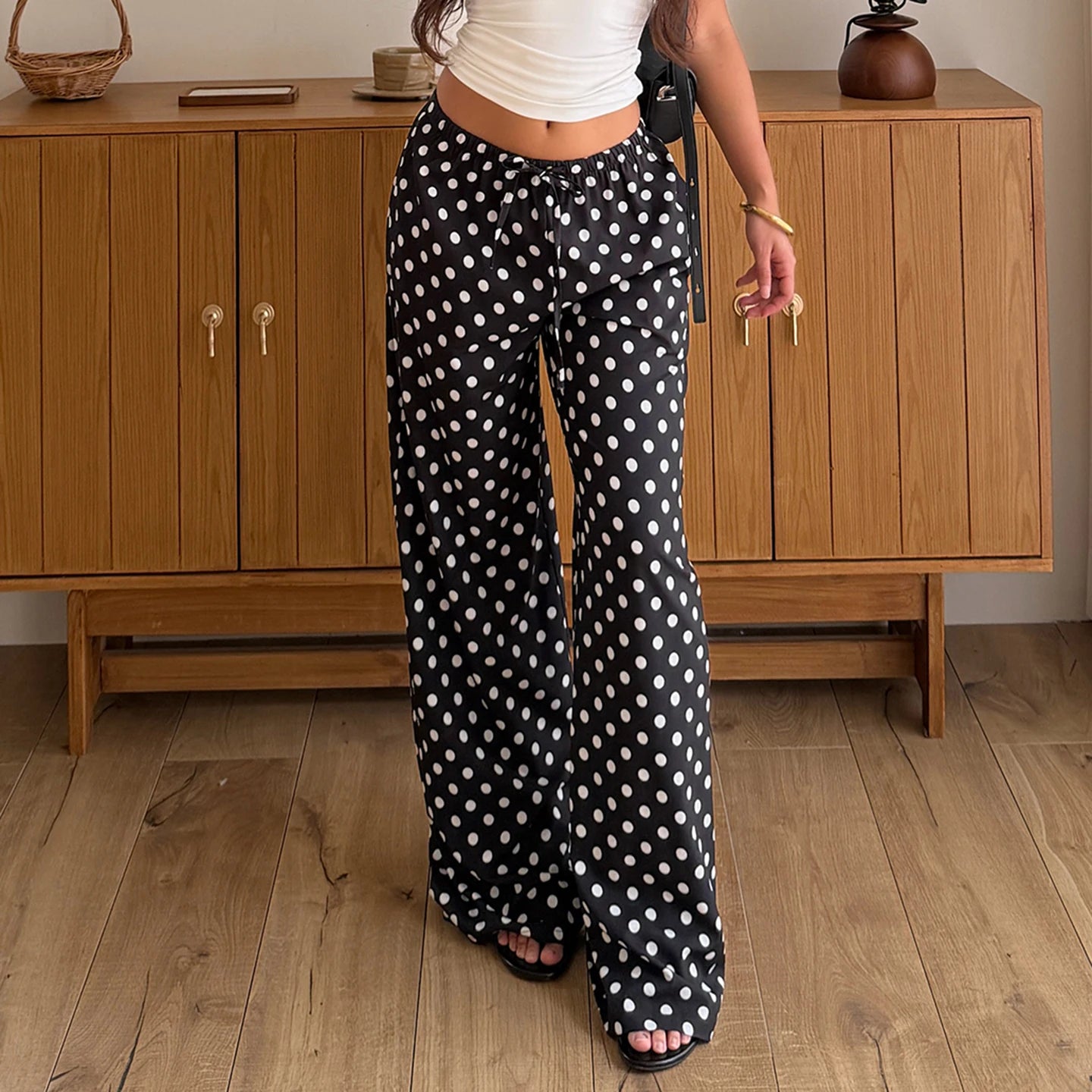 Casual Polka Dot Print Elastic Waist Pants Women's Straight Leg Full Length Woven Trousers Vacation Style Beach Bottoms Fashion