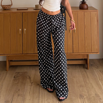 Casual Polka Dot Print Elastic Waist Pants Women's Straight Leg Full Length Woven Trousers Vacation Style Beach Bottoms Fashion