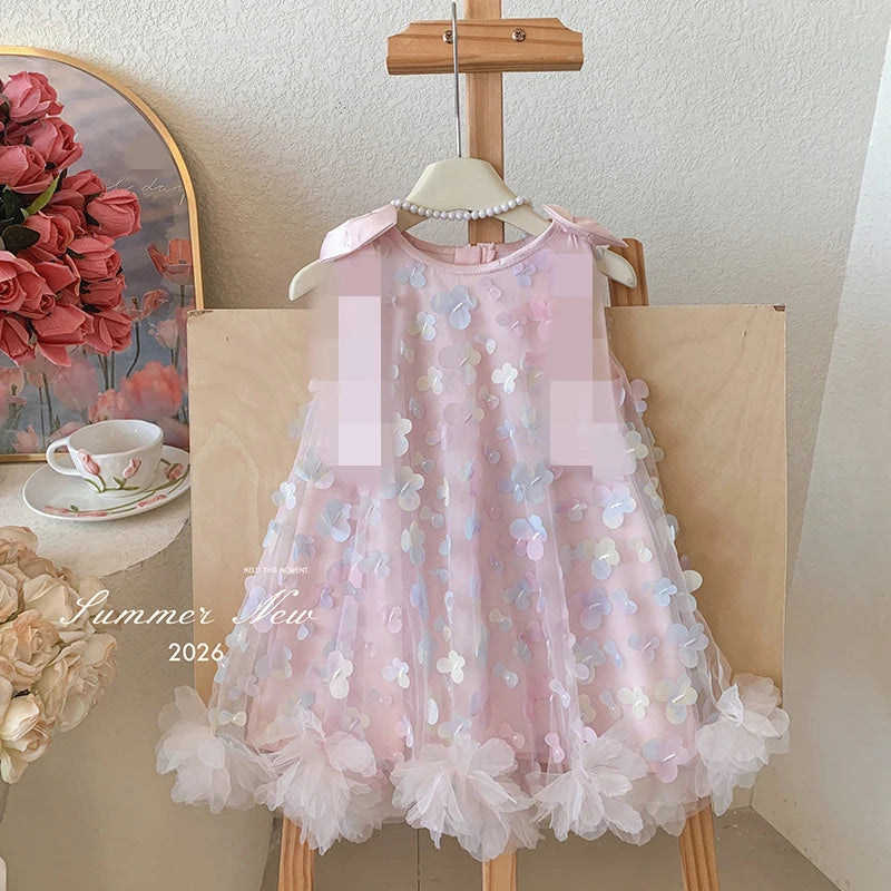 Girls' New Summer Sleeveless Sweet Peach Pink Colorful Three-Dimensional Butterfly Mesh Dress