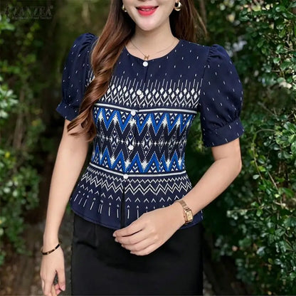 ZANZEA Elegant Ethnic Style Printing Blouses Woman Short Puff Sleeve Button Up O-Neck Shirts Summer Fitted Waist Blusas de Mujer