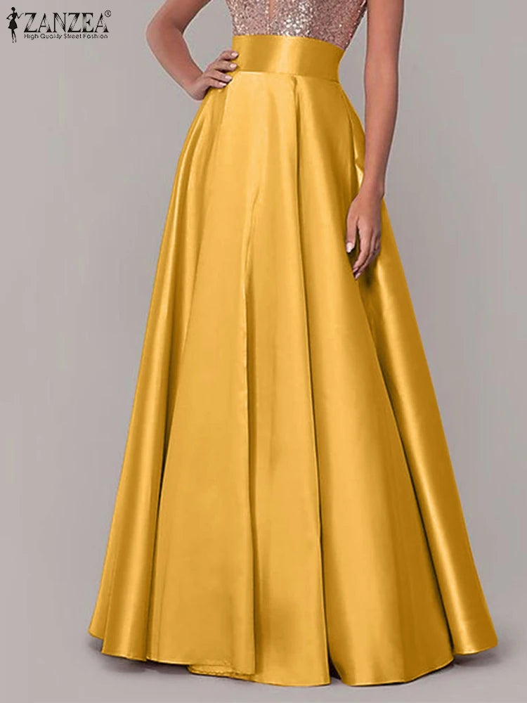 2026 ZANZEA Fashion Satin Party Skirts Elegant High Waist Jupe Maxi Vestidos Women Sundress Female A-line Faldas Saia Oversize