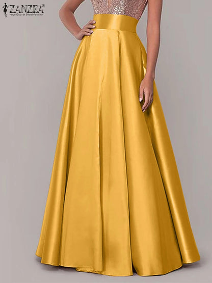 2026 ZANZEA Fashion Satin Party Skirts Elegant High Waist Jupe Maxi Vestidos Women Sundress Female A-line Faldas Saia Oversize