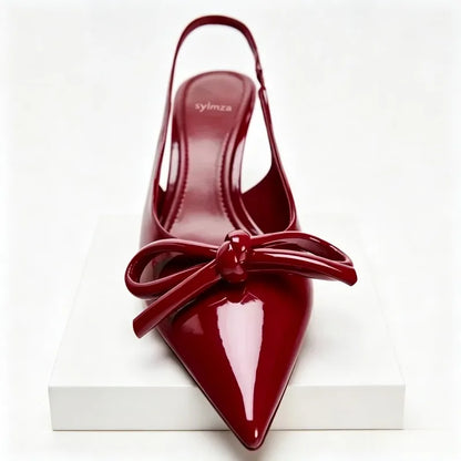Luxury Designer Red Bow High Heels Women Summer Sexy Pointed Toe Patent Leather Women Pumps Elegant Slingback Heeled Sandals