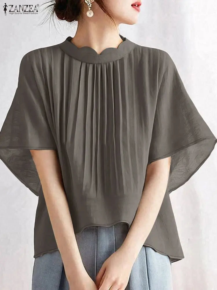 ZANZEA Elegant Pleated High-Low Blouses Womens 2025 Summer Casual Wavecut Stand Collar Short Sleeve Solid Color Tops Streetwear
