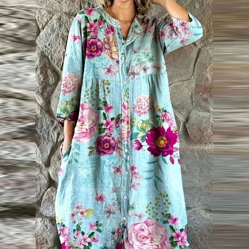 Bohemian Loose Single Breasted Dress Women's Casual O-neck Pocket Commuting Dress Spring Summer Floral Print Long Sleeved Dress