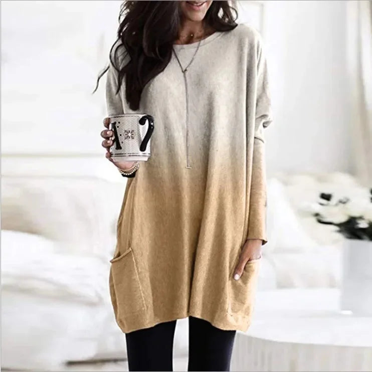 Women's Casual Long Sleeve T-Shirt with Pocket Gradient Color T-Shirt for Autumn And Winter Fashionable And Comfortable