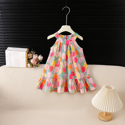 Summer Kids Halter Dress Sleeveless Tulip Floral Girls A-Line Dresses Ruffle Hem Children Sundress for Beach Vacation Wear