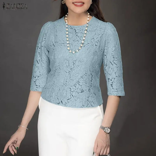 ZANZEA Woman Elegant Lace Layering Blouse O-Neck 3/4 Sleeve Princess Seams Slim-Fit Short Tops Summer Patchwork Blusas de Mujer