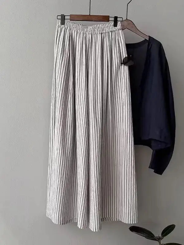 Summer Wide Leg Pants Women Loose Slimming Lazy Stripe Floor-Length Trousers Trendy High Waist Casual Style Breathable Skin-F...