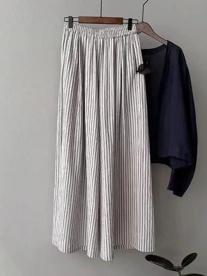 Summer Wide Leg Pants Women Loose Slimming Lazy Stripe Floor-Length Trousers Trendy High Waist Casual Style Breathable Skin-F...
