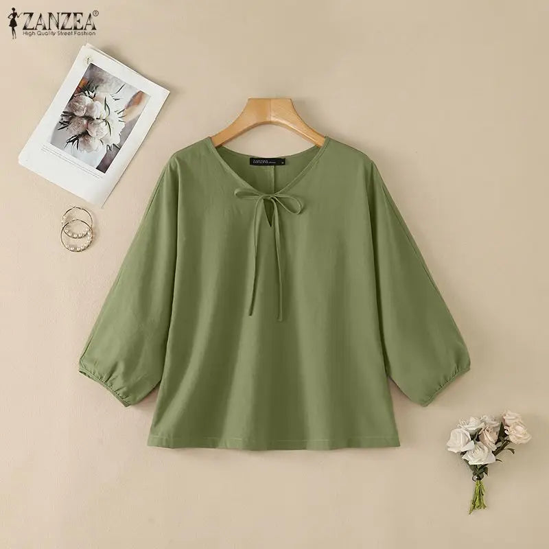 Summer Autumn Solid Color Tops ZANZEA Casual V Neck Blusas Women Blouse OL Work Tee 3/4 Sleeve Tunic Lace-up Streetwear Oversize
