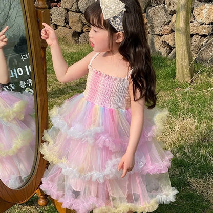 Girl's Rainbow Sling Princess Dress Western Style New Summer Baby GirltutuBirthday Cake Tulle Tutu Dress