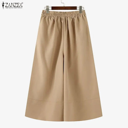 ZANZEA 2026 Women Casual Calf-Length Pants Elastic Back Waist Solid Color Wide-Leg Cropped Pant Autumn Loose Cozy Woman Bottoms