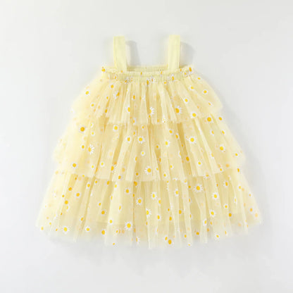 Infant Baby Girl Summer Tulle Dress 0-5T Daisy Print Tiered Cake Skirt Spaghetti Strap Princess Girl Party Dress