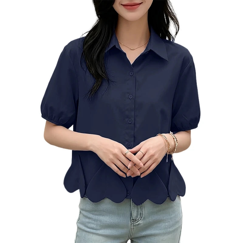 ZANZEA Heart-Shaped Detailing Short Shirt Women Short Puff Sleeve Turn-Down Collar Button Up Top Summer Streetwear Camisas Mujer