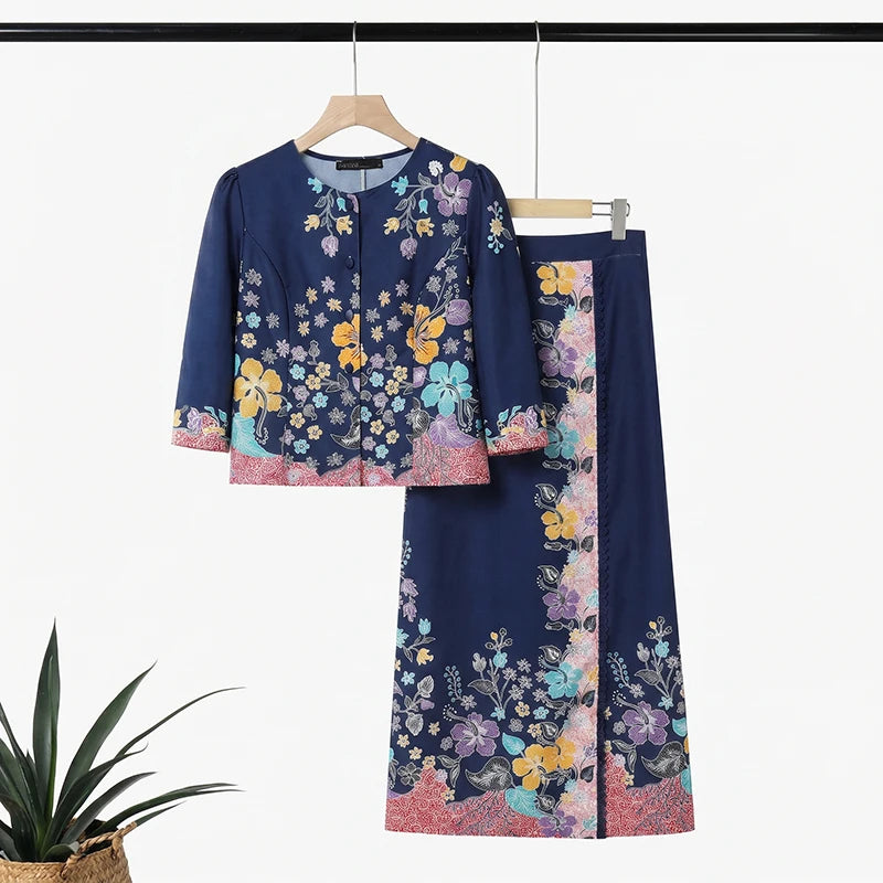 ZANZEA Women's Elegant Floral Print 2 Pieces Matching Skirt Sets 3/4 Sleeve Blouses & Maxi Skirts Suits Office Lady Outfits 2pcs