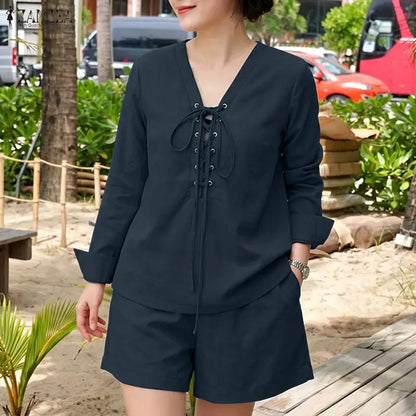 ZANZEA Fashion Women Outfits Holiday 2 Pieces Sets Casual V Neck Long Sleeve Lace-Up Tops Short Sets Solid Color Loose Tracksuit