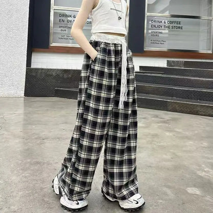 Girls' Wide Leg Pants Summer 2026 Icy Silk Plaid Loose Fit Slimming Casual Sportswear Adjustable Waist Breathable Long Pants