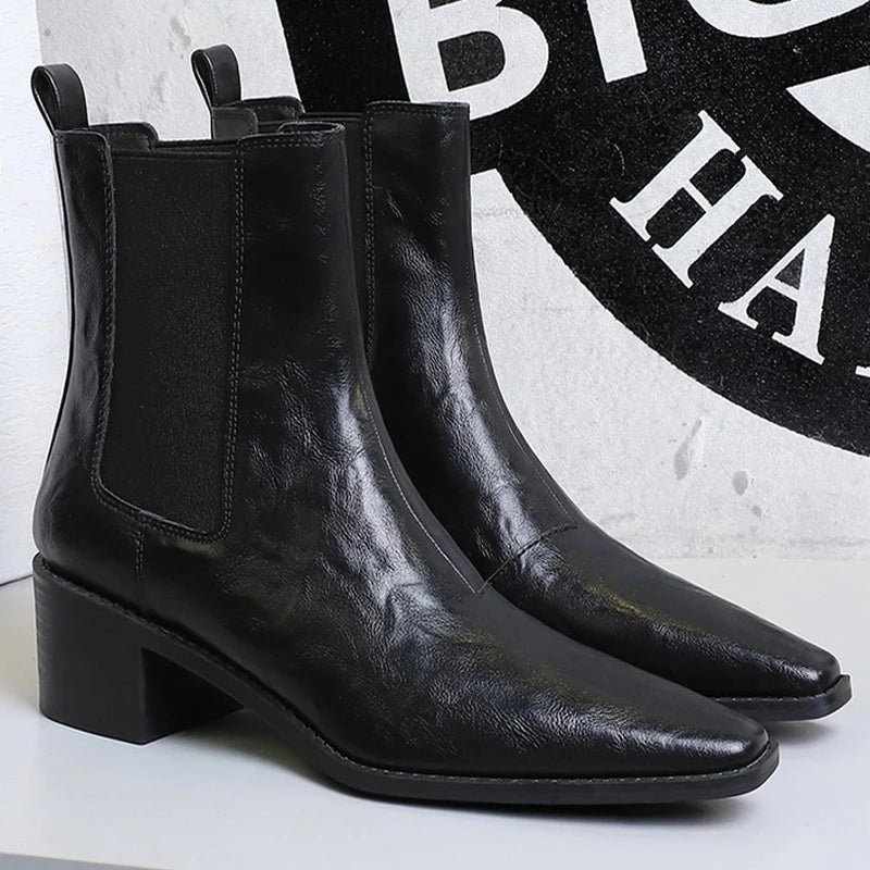 2026 New Women Chunky Heel Chelsea Boots Leather Shoes Pointed Women's Ankle Boots Fashion Women Short Boots Autumn Winter Boots