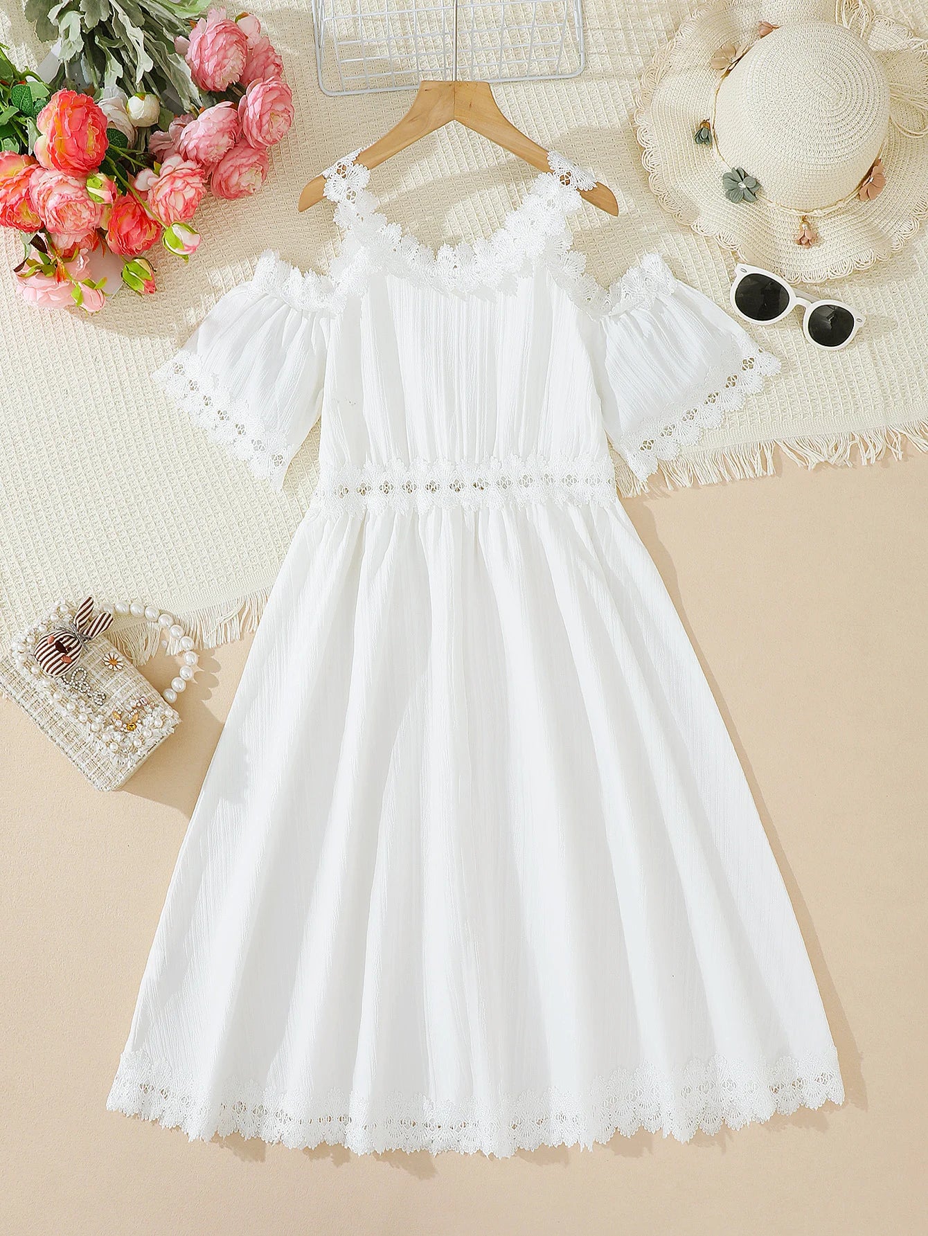 Tween Girls' Lace Trim Fashion Princess Dress Summer Outdoor Beach Vacation Suitable One Piece Children's Clothing