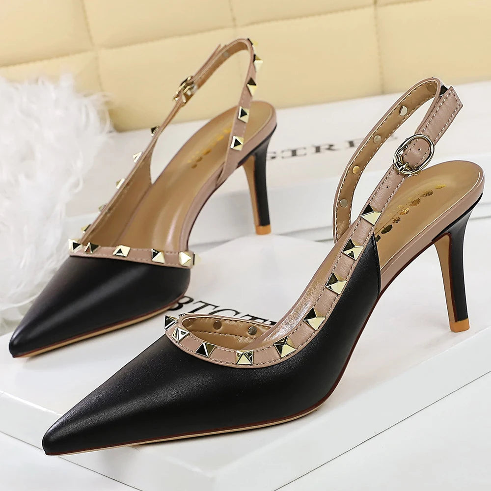 BIGTREE Shoes Rivet Design Women Pumps Stiletto Heels 6.5 Cm Hollowed-out Kitten Heels Buckle Sexy Party Shoes Summer Sandals