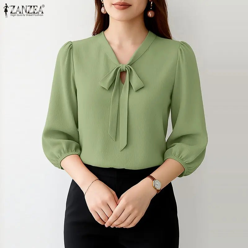 ZANZEA Elegant Minimalist Woman Blouses Bow Tie Neck 3/4 Puff Sleeve Crinkled Texture Solid Color Tops Summer Blusas de Mujer