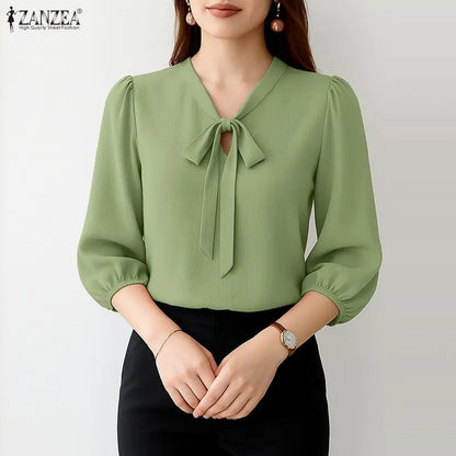 ZANZEA Elegant Minimalist Woman Blouses Bow Tie Neck 3/4 Puff Sleeve Crinkled Texture Solid Color Tops Summer Blusas de Mujer