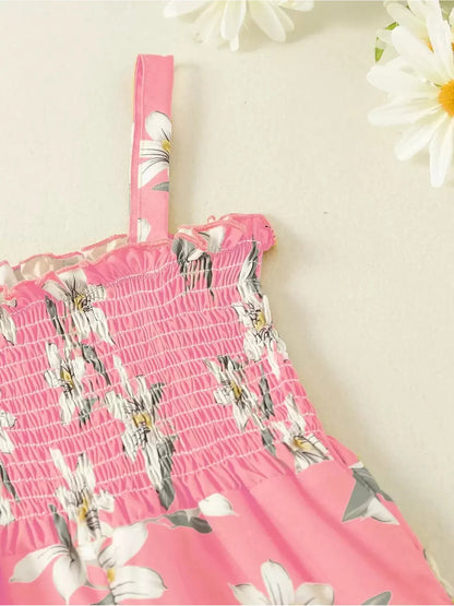 Summer fresh casual children's clothing, girls' pink lily print suspender, waist cinched wide leg pants, jumpsuit