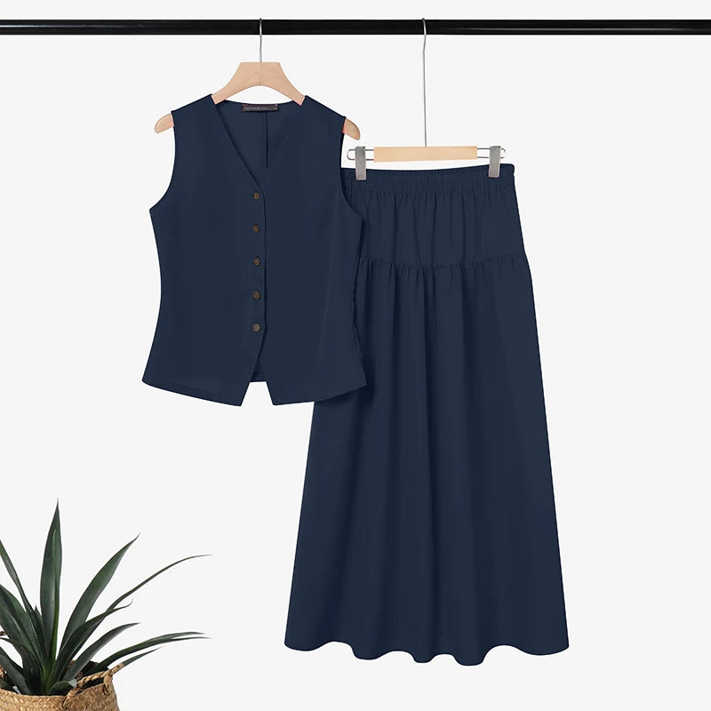 2026 ZANZEA Summer Elegant V Neck Sleeveless Shirt Dress Sets Fashion Women 2 Piece Sets Solid Outfits Stylish OL Work Suit
