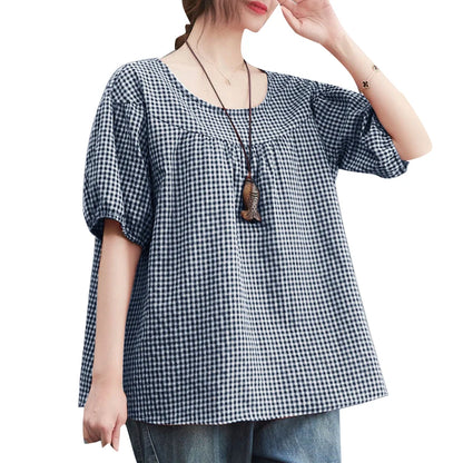 ZANZEA Summer Vintage Women Casual Loose Shirt Baggy Plaid Checked Tops Tunic Fashion O Neck Short Sleeve Blouse Blusas Chemise