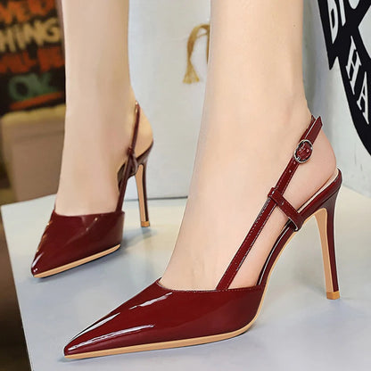 BIGTREE Shoes Fashion High Heels Patent Leather Women Pumps Rear Empty Rear Strap High Heeled Sandals Summer Shoes Stiletto 9 cm