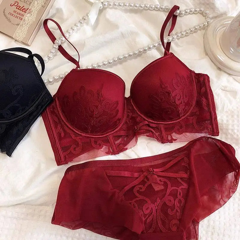 YUQI Red Lingerie Set for Wedding Bride,Push-Up Bra To Make Small Breasts Look Larger, Side Support, Dragon Zodiac Year  Bra Set