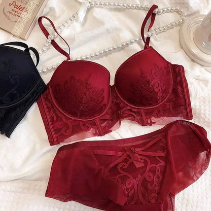 YUQI Red Lingerie Set for Wedding Bride,Push-Up Bra To Make Small Breasts Look Larger, Side Support, Dragon Zodiac Year  Bra Set