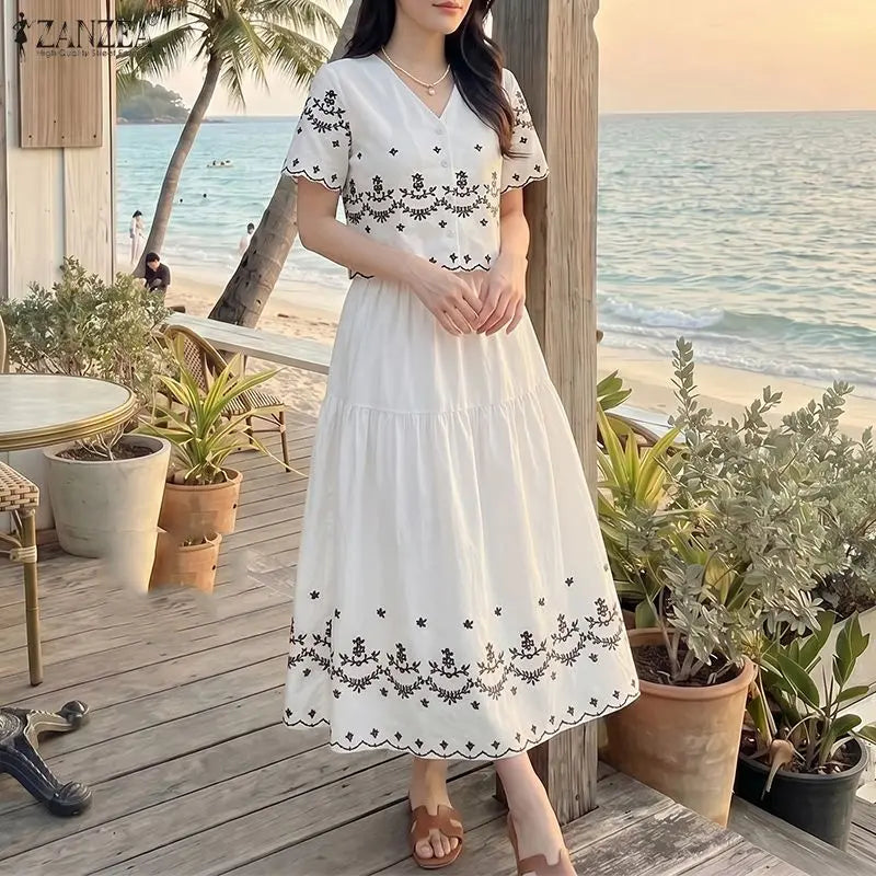 ZANZEA Bohemian 2 Piece Skirts Suits Women Summer Short Sleeve Cropped Shirt & A-Line Maxi Skirt Matching Sets Vacation Outfits