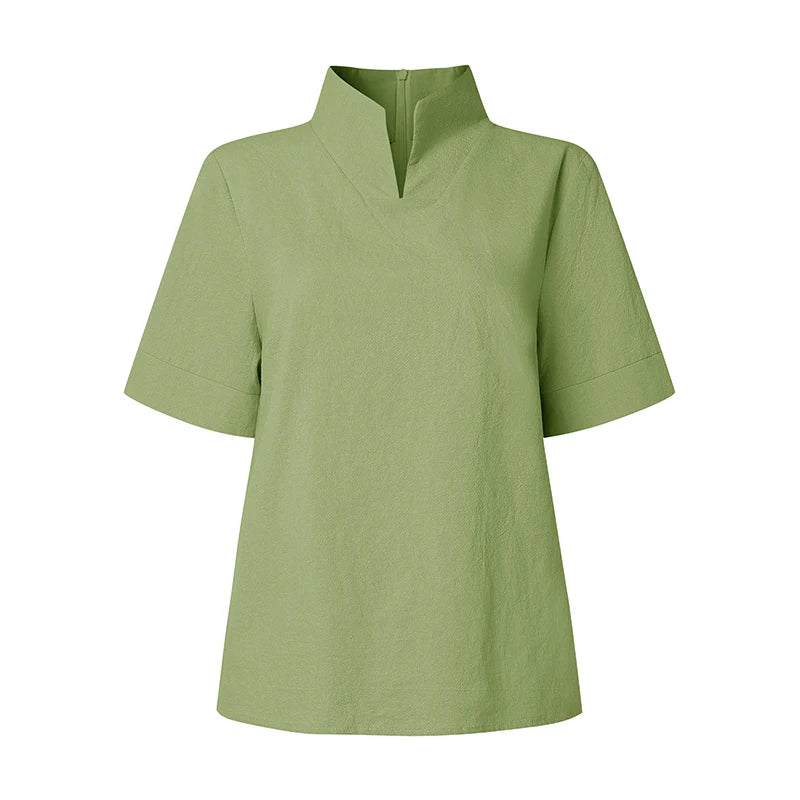 ZANZEA Fashion Cotton Linen Blouses Woman Stand Collar Back Zipper Short Sleeve Solid Tops Summer Minimalist Thin Blusas Mujer