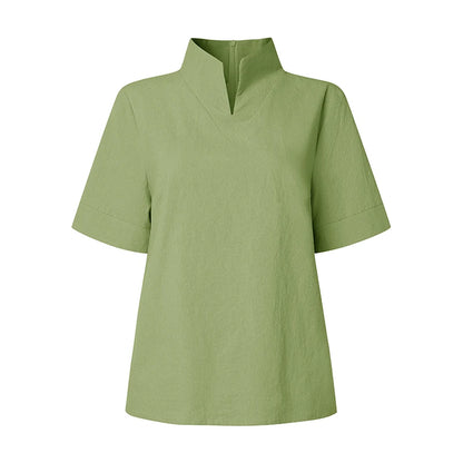 ZANZEA Fashion Cotton Linen Blouses Woman Stand Collar Back Zipper Short Sleeve Solid Tops Summer Minimalist Thin Blusas Mujer