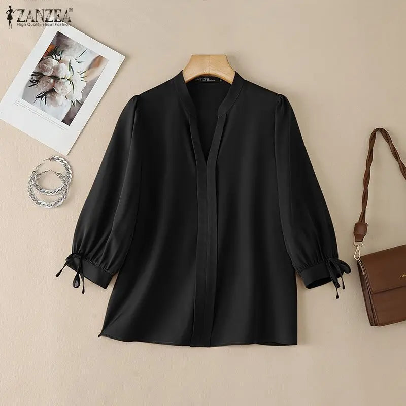 ZANZEA Summer Women's Elegant Blouses V-Neck 3/4 Puff Sleeves Lace Up Solid Color Pullover Tops Casual Loose Blusas de Mujer