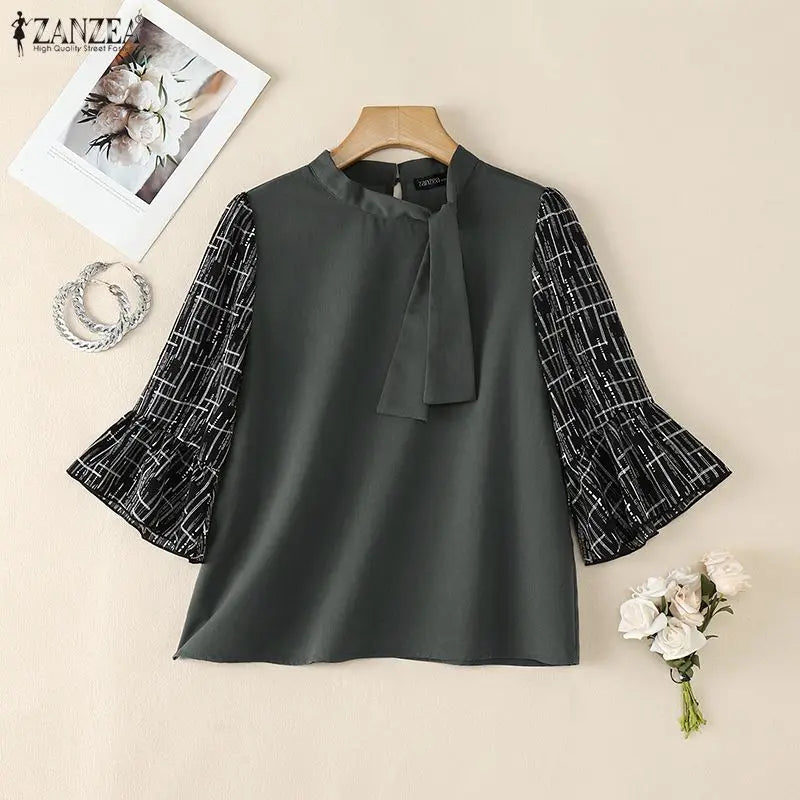 ZANZEA 2026 Women Elegant Tie Neck Blouses Patchwork 3/4 Flared Sleeve Casual Tops Autumn Everyday Wear Dates Blusas Mujer