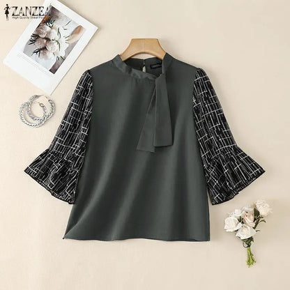 ZANZEA 2026 Women Elegant Tie Neck Blouses Patchwork 3/4 Flared Sleeve Casual Tops Autumn Everyday Wear Dates Blusas Mujer