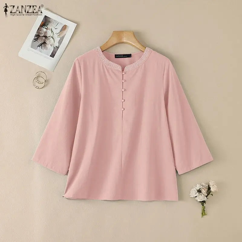 Women Blouse 3/4 Sleeve ZANZEA Cotton Tops O Neck Casual Tunic Summer Autumn Tee Blusas OL Work Party Streetwear Oversize