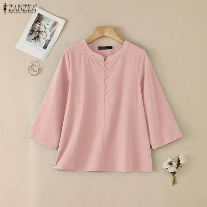 Women Blouse 3/4 Sleeve ZANZEA Cotton Tops O Neck Casual Tunic Summer Autumn Tee Blusas OL Work Party Streetwear Oversize