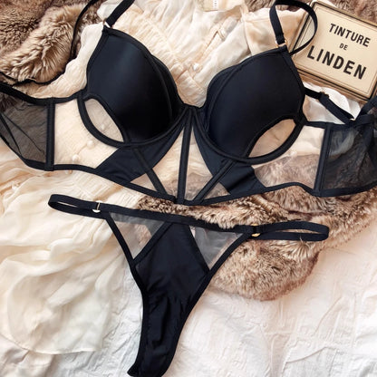 French Sexy Hollow Lingerie Set Women Ultra Thin Lace Bra Set Summer Mesh Breathable Underwear Fish Bone Tops Intimates Bras