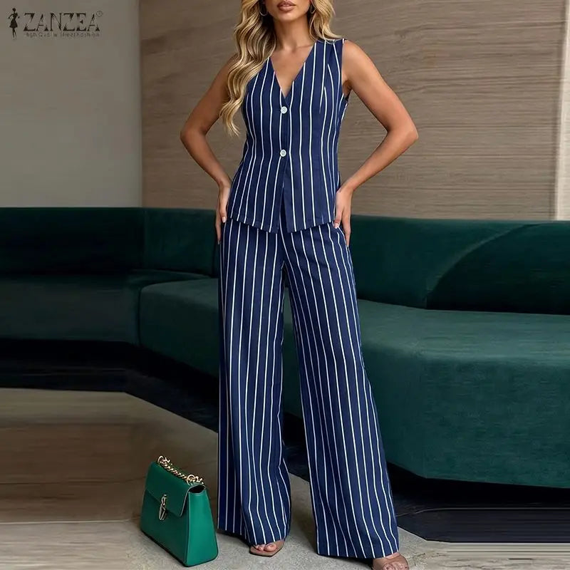ZANZEA Summer Women Striped Matching Sets Sleeveless Vest Top & Wide Leg Pant 2 Piece Suits Office Commute Pant Sets Outfits