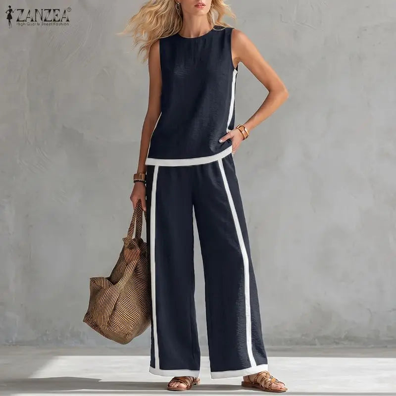 Stylish Summer 2 Pieces Oufits ZANZEA Women Color-Blocking Tracksuit Casual O Neck Sleeveless Tanks Tops Wide Leg Pant Sets 2026