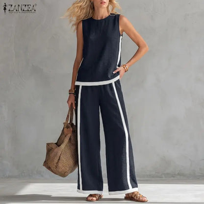 Stylish Summer 2 Pieces Oufits ZANZEA Women Color-Blocking Tracksuit Casual O Neck Sleeveless Tanks Tops Wide Leg Pant Sets 2026